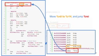 x86_64 code execution
● Entry point - qemu-riscv/accel/tcg/cpu-exec.c
65
Move %rdi to %r14, and jump %rsi
 