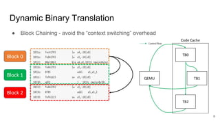 Dynamic Binary Translation
● Block Chaining - avoid the “context switching” overhead
8
 