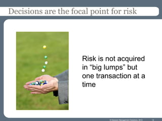 Decisions are the focal point for risk




                     Risk is not acquired
                     in “big lumps” but
                     one transaction at a
                     time



                              © Decision Management Solutions, 2012   12
 
