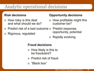 Analytic operational decisions
Risk decisions                    Opportunity decisions
  How risky is this deal            How profitable might this
  and what should we do?            customer be?
  Predict risk of a bad outcome     Predict response,
  Rigorous, regulated               opportunity, potential
                                    Rapidly evolving

                 Fraud decisions
                   How likely is this to
                   be fraudulent?
                   Predict risk of fraud
                   “Black box”
                                      ©2011 Decision Management Solutions   26
 