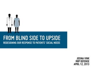 1




FROM BLIND SIDE TO UPSIDE
REDESIGNING OUR RESPONSE TO PATIENTS’ SOCIAL NEEDS



                                                       JOSINA VINK
                                                      MRP DEFENSE
                                                     APRIL 12, 2013
 