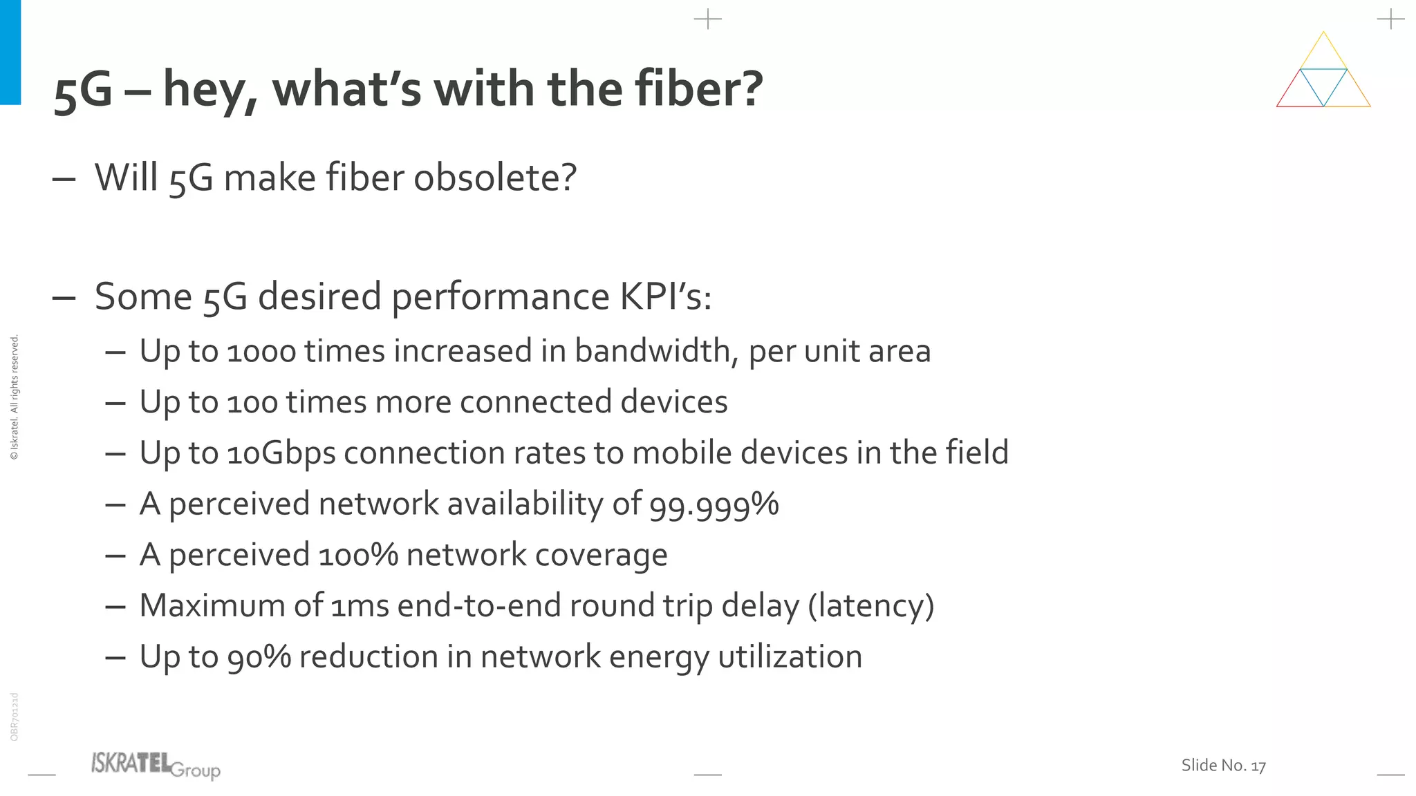 ©Iskratel.Allrightsreserved.OBR70121d
Slide No. 17
5G – hey, what’s with the fiber?
– Will 5G make fiber obsolete?
– Some 5G desired performance KPI’s:
– Up to 1000 times increased in bandwidth, per unit area
– Up to 100 times more connected devices
– Up to 10Gbps connection rates to mobile devices in the field
– A perceived network availability of 99.999%
– A perceived 100% network coverage
– Maximum of 1ms end-to-end round trip delay (latency)
– Up to 90% reduction in network energy utilization
 