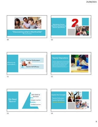 25/08/2021
9
“Discoveringwhat isWorthwhile”
Whoweareasteachers
Maintaining Teacher
Resiliency & Developing
Teacher Self-Efficacy
What do we
know about…
Teacher Enthusiasm
Teacher Self-Efficacy
Teacher Dispositions
 Teachers' dispositional characteristics
should be taken into account in order
to understand the relation between
teachers' job characteristics and
classroom stress and burnout. K. Kosir,S. Tement,
M. Licardo,and K.Habe (2015).Two sidesofthe same coin?The role ofruminationandreflectionin
elementaryschoolteachers’classroomstressandburnout.Teaching and TeacherEducation.
We Need
“Burn-in”
Anti-dote to
burnout
Energetic teachers
Confident teachers
Explore the Concepts
Teacher Enthusiasm
Teacher Self-efficacy
Teacher Resiliency
49 50
51 52
53 54
 