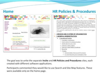 Home                                         HR Policies & Procedures




 The goal was to unite the separate Insite and HR Policies and Procedures sites, each
 created with different software applications.
 Participants commented they would like to use Search and Site Map features. These
 were available only on the home page.
 