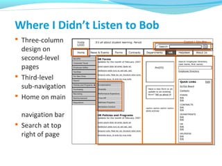 Where I Didn’t Listen to Bob
 Three-column
design on
second-level
pages
 Third-level
sub-navigation
 Home on main
navigation bar
 Search at top
right of page
 