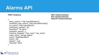 Alarms API
POST /v2/alarms
{
"alarm_actions": [ "http://site:8000/alarm"],
"insufficient_data_actions": ["http://site:8000/nodata"],
"ok_actions": ["http://site:8000/ok"],
"comparison_operator": "gt",
"description": "An alarm",
"evaluation_periods": 2,
"matching_metadata": {"key_name": "key_value"},
"meter_name": "storage.objects",
"name": "SwiftObjectAlarm",
"period": 240,
"statistic": "avg",
"threshold": 200.0
}

GET /v2/alarms/foobar
PUT /v2/alarms/foobar
DELETE /v2/alarms/foobar

 