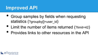 Improved API

•  Group samples by fields when requesting
• 
• 

statistics (?groupby[]=user_id)
Limit the number of items returned (?limit=42)
Provides links to other resources in the API

 