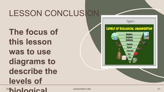 LESSON CONCLUSION
The focus of
this lesson
was to use
diagrams to
describe the
levels of
20XX presentation title 21
 