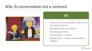 @leankitjon
A3s: A conversation not a contract
A3
• The main communication artifact from
the product team
• Customer and user-driven
• A living document
• Handwritten in pencil
• Designed to… make conversations
happen
 