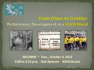 Deb Nystrom, REVELN.com
MI-SHRM ~ Tues., October 8, 2013
2:00 to 3:15 p.m. Deb Nystrom REVELN.com
 