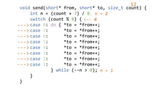 void send(short* from, short* to, size_t count) {
int n = (count + 7) / 8;
switch (count % 8) {
case 0: do { *to = *from++;
case 7: *to = *from++;
case 6: *to = *from++;
case 5: *to = *from++;
case 4: *to = *from++;
case 3: *to = *from++;
case 2: *to = *from++;
case 1: *to = *from++;
} while (--n > 0);
}
}
n = 2
12
<-- 4
--->
--->
--->
--->
n = 1
--->
--->
--->
--->
 