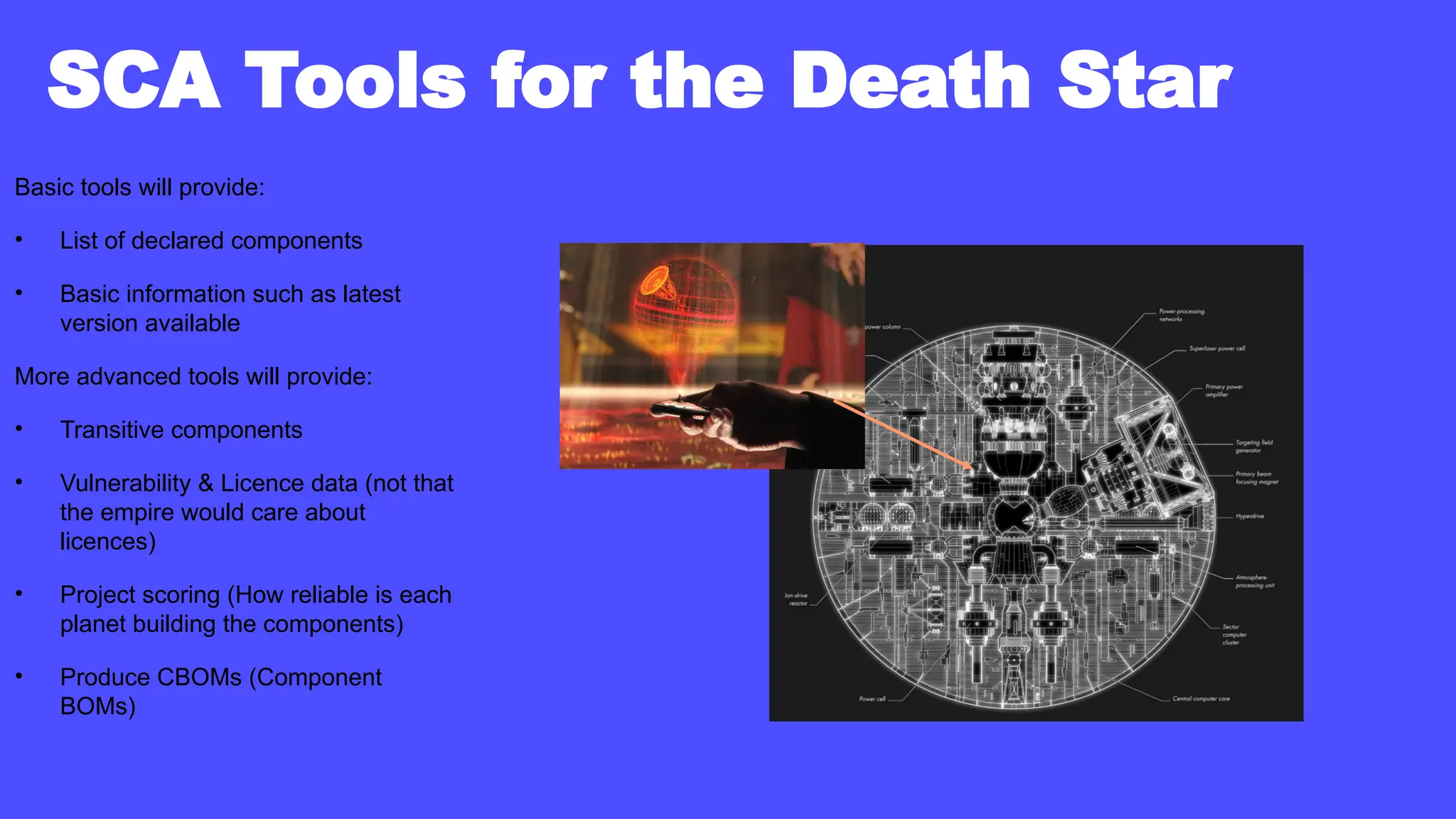 SCA Tools for the Death Star
Basic tools will provide:
• List of declared components
• Basic information such as latest
version available
More advanced tools will provide:
• Transitive components
• Vulnerability & Licence data (not that
the empire would care about
licences)
• Project scoring (How reliable is each
planet building the components)
• Produce CBOMs (Component
BOMs)
 