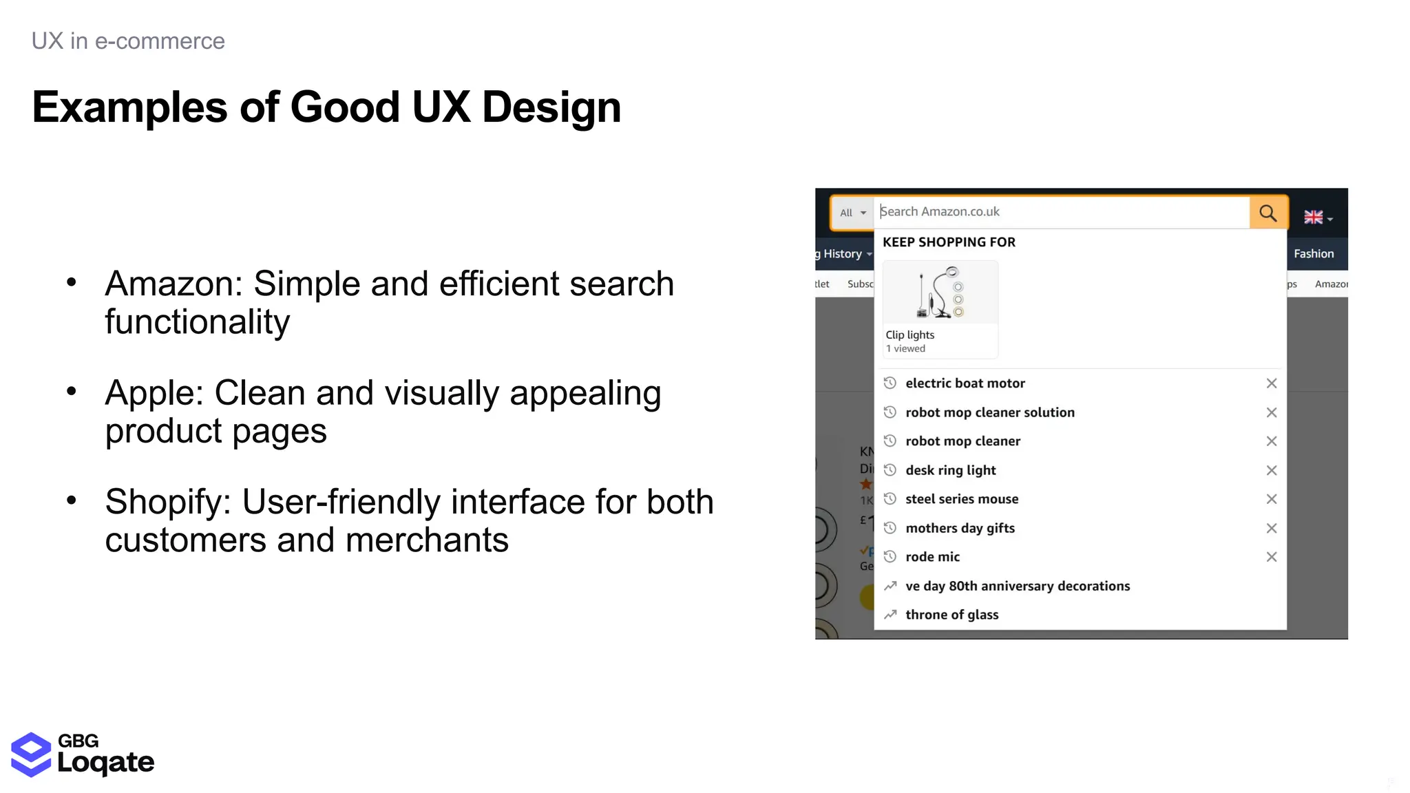 Examples of Good UX Design
UX in e-commerce
15
7
• Amazon: Simple and efficient search
functionality
• Apple: Clean and visually appealing
product pages
• Shopify: User-friendly interface for both
customers and merchants
 