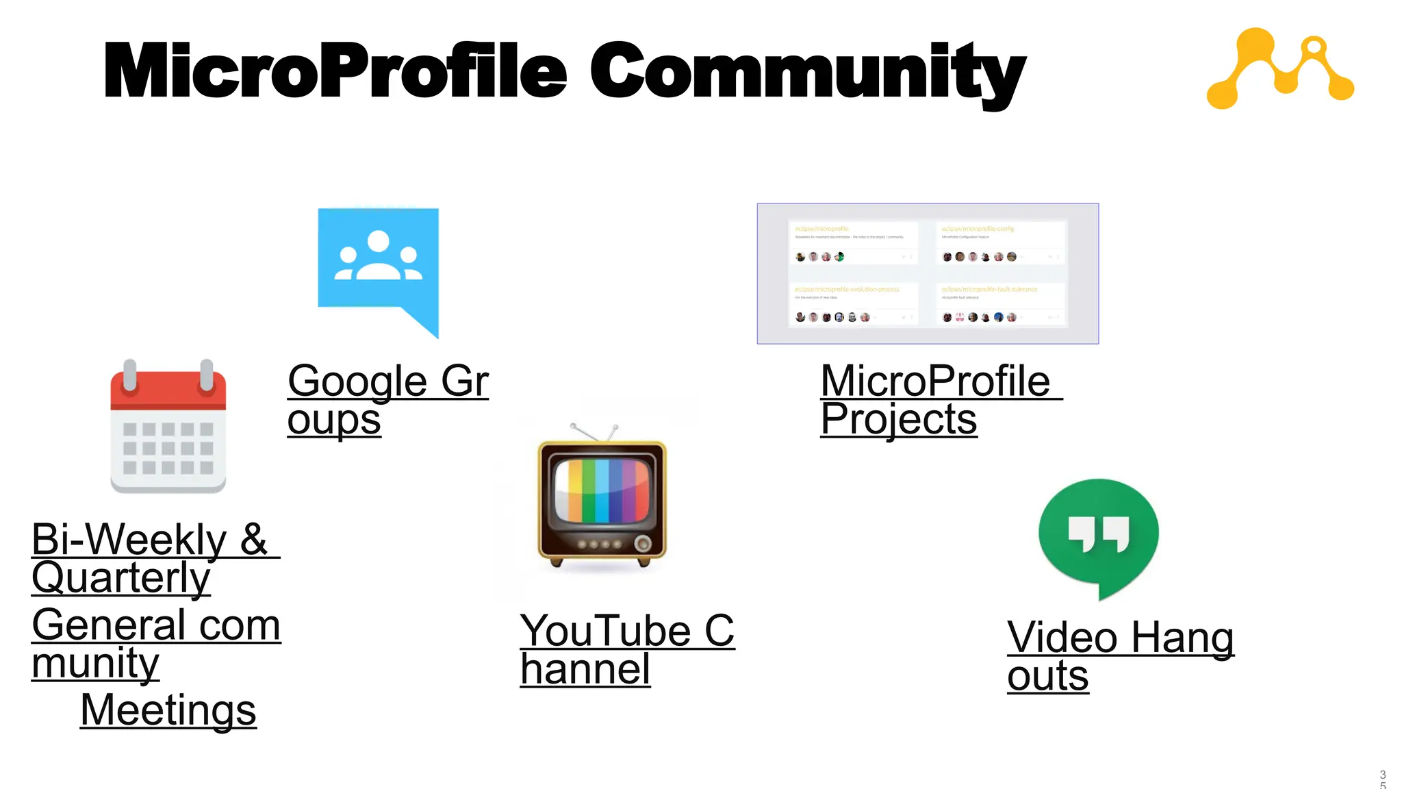3
MicroProfile Community
Video Hang
outs
Bi-Weekly &
Quarterly
General com
munity
Meetings
MicroProfile
Projects
Google Gr
oups
YouTube C
hannel
 