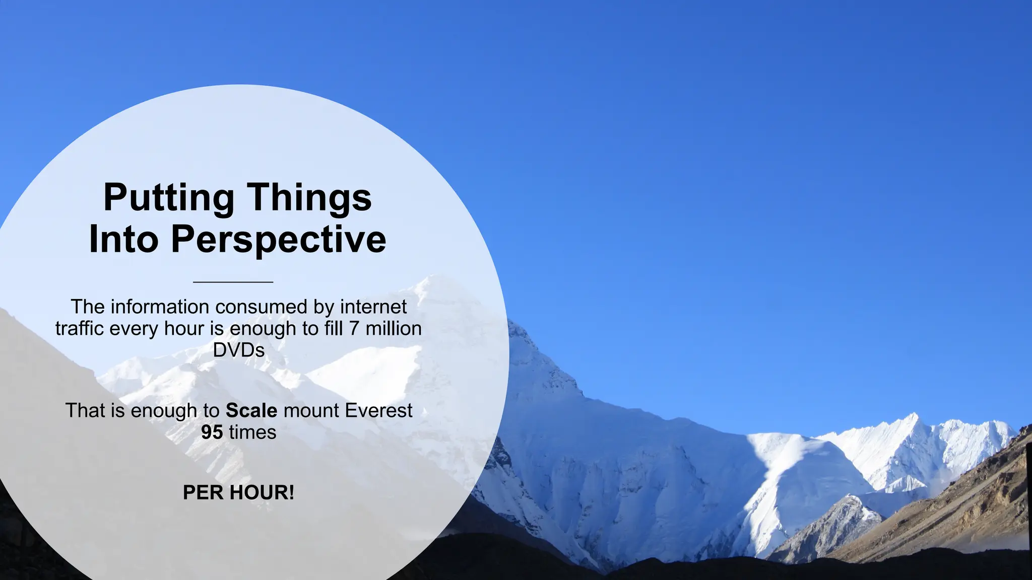 52
52
Putting Things
Into Perspective
The information consumed by internet
traffic every hour is enough to fill 7 million
DVDs
That is enough to Scale mount Everest
95 times
PER HOUR!
 