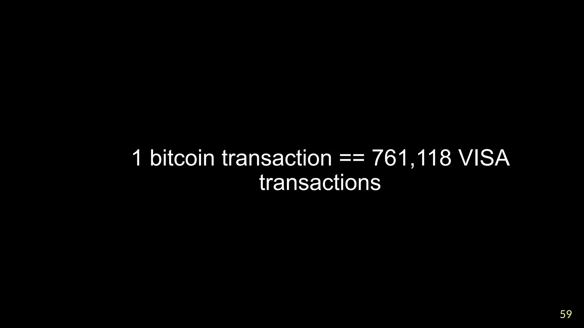 59
59

1 bitcoin transaction == 761,118 VISA
transactions
 