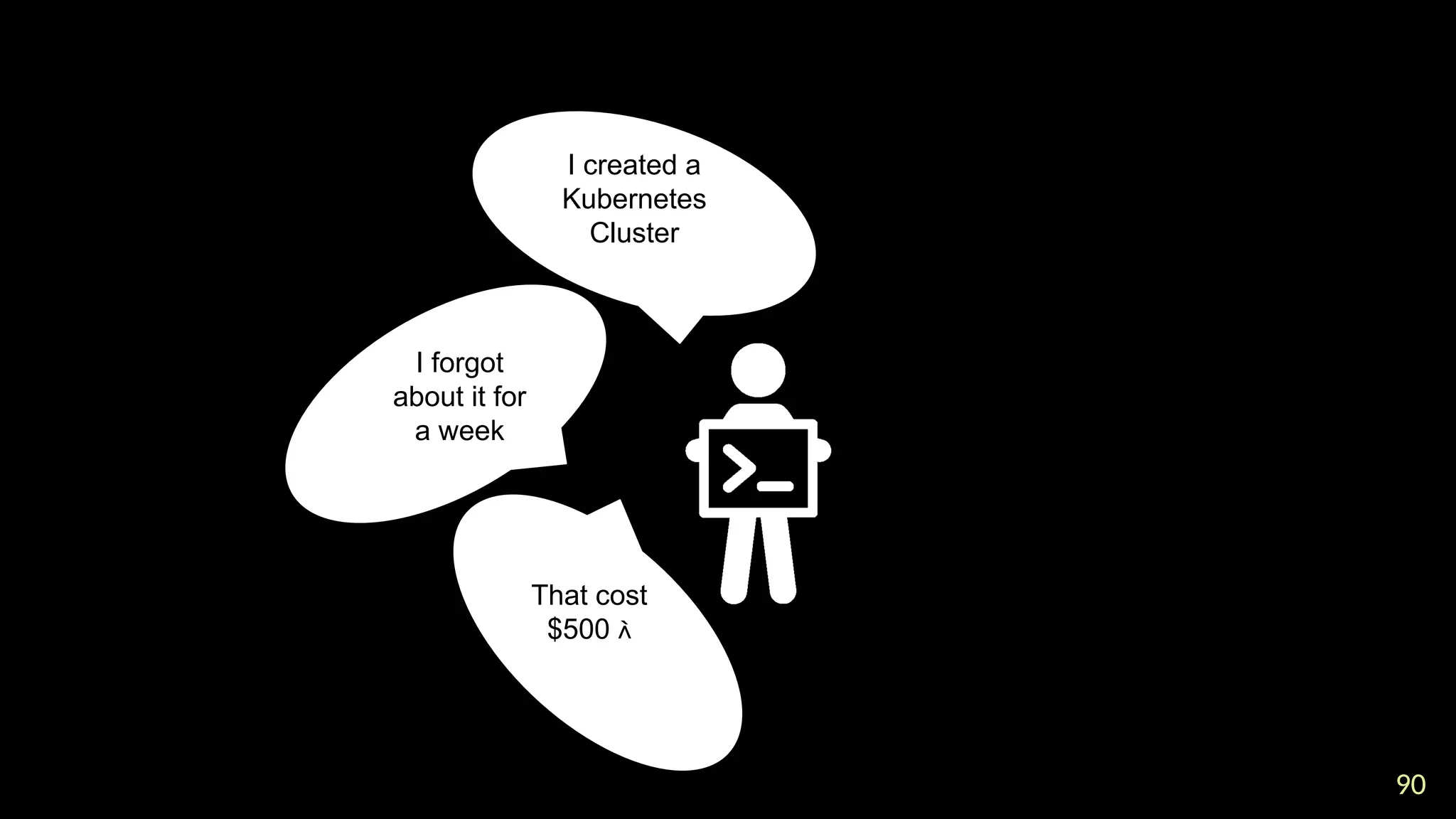 90
90
I created a
Kubernetes
Cluster
I forgot
about it for
a week
That cost
$500 
 