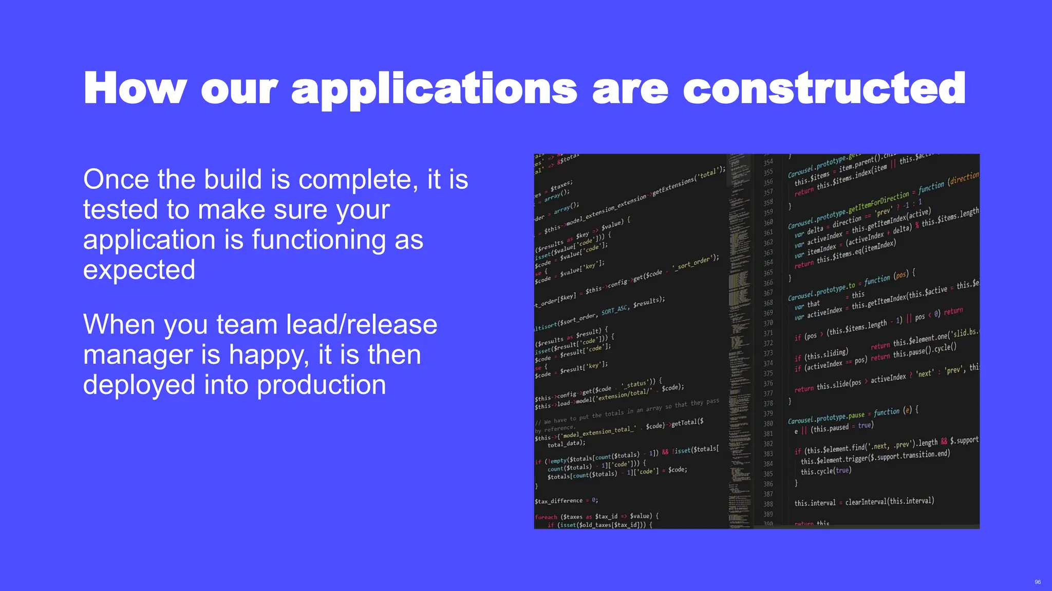 96
How our applications are constructed
Once the build is complete, it is
tested to make sure your
application is functioning as
expected
When you team lead/release
manager is happy, it is then
deployed into production
 