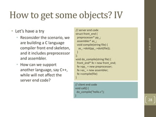 How to get some objects? IV 
• Let’s have a try 
• Reconsider the scenario, we 
are building a C language 
compiler front end skeleton, 
and it includes preprocessor 
and assembler. 
• How can we support 
another language, say C++, 
while will not affect the 
server end code? 
// server end code 
struct front_end { 
preprocesser* pp_; 
assembler* as_; 
void compile(string file) { 
as_->doit(pp_->doit(file)); 
} 
}; 
void do_compile(string file) { 
front_end* fe = new front_end; 
fe->pp_ = new preprocesser; 
fe->as_ = new assembler; 
fe->compile(file) 
} 
// client end code 
void call() { 
do_compile("hello.c"); 
} 
4:54:14 AM 
28 
 