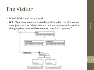 The Visitor 
• What’s this? It’s Visitor pattern! 
• GoF: “Represent an operation to be performed on the elements of 
an object structure. Visitor lets you define a new operation without 
changing the classes of the elements on which it operates.” 
4:54:14 AM 
43 
 