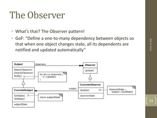 The Observer 
• What’s that? The Observer pattern! 
• GoF: “Define a one-to-many dependency between objects so 
that when one object changes state, all its dependents are 
notified and updated automatically” 
4:54:14 AM 
52 
 