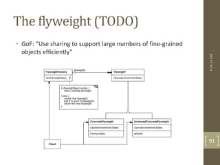The flyweight (TODO) 
• GoF: “Use sharing to support large numbers of fine-grained 
objects efficiently” 
4:54:14 AM 
91 
 