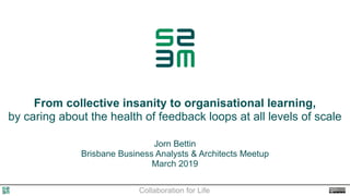 Collaboration for Life
 
From collective insanity to organisational learning, 
by caring about the health of feedback loops at all levels of scale
Jorn Bettin
Brisbane Business Analysts & Architects Meetup 
March 2019
 