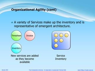 A variety of Services make up the inventory and is representative of emergent architecture.Organizational Agility (cont)InvoiceTimesheetInventoryServiceInventoryNew services are added as they become available