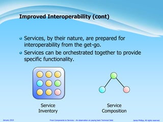 Services, by their nature, are prepared for interoperability from the get-go.Services can be orchestrated together to provide specific functionality.Improved Interoperability (cont)ServiceInventoryServiceComposition