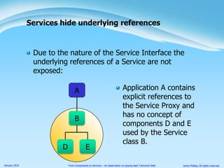 Due to the nature of the Service Contract the underlying references of a Service are not exposed:Services hide underlying referencesApplication A contains explicit references to the Service Proxy and has no concept of components D and E used by the Service class B.ABDE