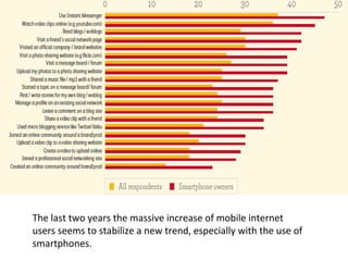 The last two years the massive increase of mobile internet users seems to stabilize a new trend, especially with the use of smartphones. 