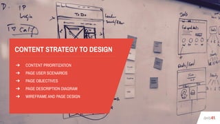 CONTENT STRATEGY TO DESIGN
➔ CONTENT PRIORITIZATION
➔ PAGE USER SCENARIOS
➔ PAGE OBJECTIVES
➔ PAGE DESCRIPTION DIAGRAM
➔ WIREFRAME AND PAGE DESIGN
 