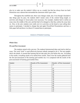14
xxx-xx-8880


also try to make sure the student’s follow me as a model, but that has always been too hard.
Distraction was a demon that surrounded the classroom while I gave class.

         Throughout the modified unit, there were changes made, also. Even though I decided to
take things pace by pace, the students didn’t master some of the content being taught, so
activities and changes to lesson plans were necessary. For example, students had to outline an
essay since the middle of the unit, and that had to be changed so that they outline the essay later
on. Also, in the unit, students were really not in to activities on the board or just calling their
names to participate. I decided to change that and apply PowerPoint Presentations and have a
little paper ball and throw it at them if I wanted them to participate.



                                 Analysis of Student Learning




Whole Class

Pre and Post Assessment

        The students started with a pre-test. The students brainstormed ideas and tried to draft an
essay. The word “tried” is used effectively because nobody managed to do it. The next graphic
shows the details. It seemed that learning did not take place the year before this one. According
to the results, everything needs to be started from scratch. These were the results gathered from
the first pre-assessment of the learning goal number one. It is compared with the results of the
post assessment of learning goal number three.

Student                           Results of Pre Assessment          Results of Post Assessment
1                                 0                                  37
2                                 0                                  -
3                                 0                                  47
4                                 0                                  20
5                                 0                                  50
6                                 0                                  50
7                                 0                                  49
8                                 0                                  30
9                                 0                                  39
10                                0                                  10
11                                0                                  50
12                                0                                  40
13                                0                                  46
14                                0                                  10
15                                0                                  22
 
