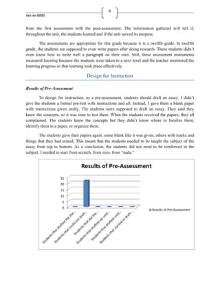 8
xxx-xx-8880


from the first assessment with the post-assessment. The information gathered will tell if,
throughout the unit, the students learned and if the unit served its purpose.

        The assessments are appropriate for this grade because it is a twelfth grade. In twelfth
grade, the students are supposed to even write papers after doing research. These students didn’t
even know how to write well a paragraph on their own. Still, these assessment instruments
measured learning because the students were taken to a next level and the teacher monitored the
learning progress so that learning took place effectively.

                                   Design for Instruction

Results of Pre-Assessment

        To design for instruction, as a pre-assessment, students should draft an essay. I didn’t
give the students a formal pre-test with instructions and all. Instead, I gave them a blank paper
with instructions given orally. The students were supposed to draft an essay. They said they
knew the concepts, so it was time to test them. When the students received the papers, they all
complained. The students knew the concepts but they didn’t know where to localize them,
identify them in a paper, or organize them.

        The students gave their papers again, some blank like it was given, others with marks and
things that they had erased. This meant that the students needed to be taught the subject of the
essay from top to bottom. As a conclusion, the students did not need to be reinforced in the
subject. I needed to start from scratch, from zero, from “nada.”


                               Results of Pre-Assessment
                   25
                   20
                   15
                   10
                    5
                    0
                                                                        Results of Pre-Assessment
 