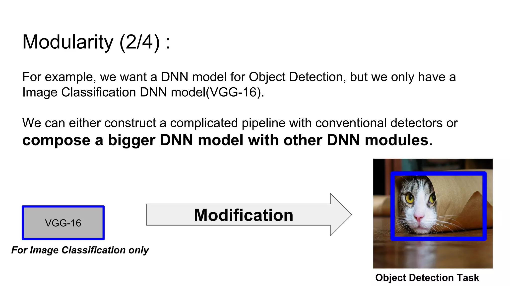Modularity (2/4) :
For example, we want a DNN model for Object Detection, but we only have a
Image Classification DNN model(VGG-16).
We can either construct a complicated pipeline with conventional detectors or
compose a bigger DNN model with other DNN modules.
VGG-16
For Image Classification only
Object Detection Task
Modification
 