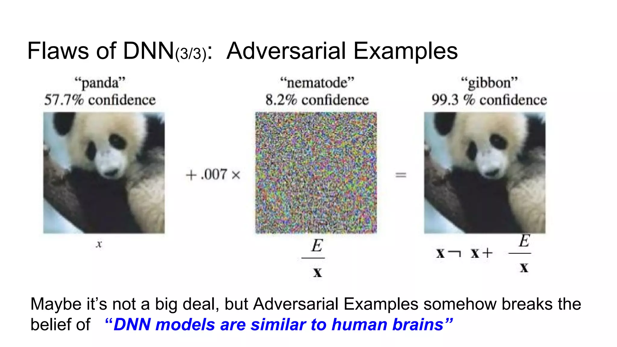 Flaws of DNN(3/3): Adversarial Examples
Maybe it’s not a big deal, but Adversarial Examples somehow breaks the
belief of “DNN models are similar to human brains”
 