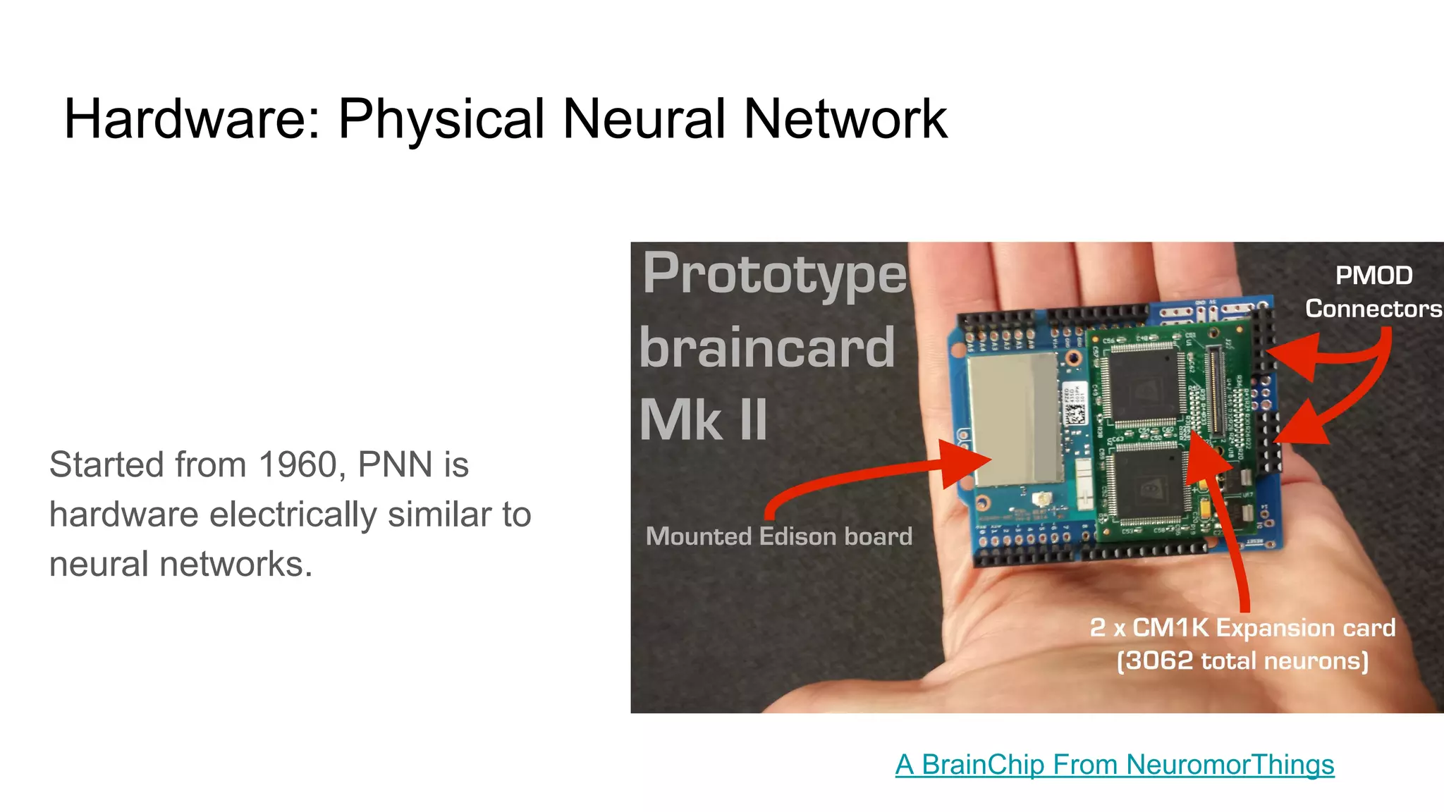 Hardware: Physical Neural Network
Started from 1960, PNN is
hardware electrically similar to
neural networks.
A BrainChip From NeuromorThings
 