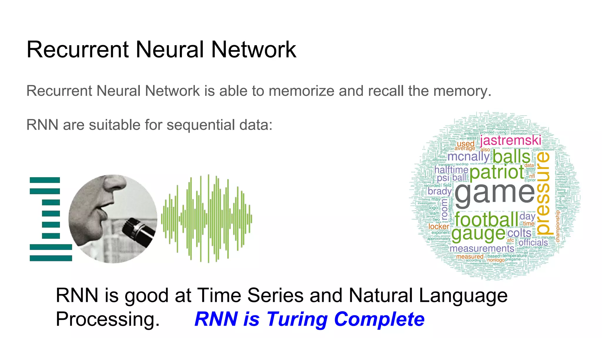 Recurrent Neural Network
Recurrent Neural Network is able to memorize and recall the memory.
RNN are suitable for sequential data:
RNN is good at Time Series and Natural Language
Processing. RNN is Turing Complete
 