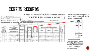 “1900 United States
Federal Census.” Steen
Township, Knox County,
Indiana. Accessed April
13, 2017. Ancestry
Library Editi...