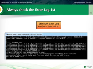 From Crash to Testcase: a Debugging Primer Roel Van de Paar, Percona
10
Always check the Error LogAlways check the Error Log 1st1st
 