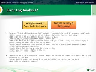 From Crash to Testcase: a Debugging Primer Roel Van de Paar, Percona
12
Error Log Analysis?Error Log Analysis?
● Version: '5.6.10-alpha60.2-debug-log' socket: '/ssd/198649/current1_4/tmp/master.sock' port:
13060 Percona Server with XtraDB (GPL), Release alpha60.2, Revision 313-debug
2013-03-13 02:20:59 8466 [ERROR] InnoDB: Unable to lock
/ssd/tmp/ib_log_archive_0000000687614464, error: 11
2013-03-13 02:20:59 8466 [Note] InnoDB: Check that you do not already have another mysqld
process using the same InnoDB data or log files.
InnoDB: Cannot create or open archive log file /ssd/tmp/ib_log_archive_0000000687614464.
InnoDB: Cannot continue operation.
InnoDB: Check that the log archive directory exists,
InnoDB: you have access rights to it, and
InnoDB: there is space available.
● 2013-03-11 03:34:23 7f9866dca700 InnoDB: Assertion failure in thread 140292537493248 in file
row0purge.cc line 459
InnoDB: Failing assertion: 0x20UL & rec_get_info_bits( btr_cur_get_rec(btr_cur),
dict_table_is_comp(index->table))
 