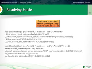 From Crash to Testcase: a Debugging Primer Roel Van de Paar, Percona
16
Resolving StacksResolving Stacks
[roel@localhost log]$ grep "mysqld(_" master.err | sed 's/^.*mysqld//'
(_ZN8Protocol13end_statementEv+0x1db)[0x525ce7]
(_Z16dispatch_command19enum_server_commandP3THDPcj+0x1496)[0x5a2e6d]
(_Z10do_commandP3THD+0x284)[0x5a3702]
(_Z24do_handle_one_connectionP3THD+0x121)[0x648f1d]
[roel@localhost log]$ grep "mysqld(_" master.err | sed 's/^.*mysqld//' | c++filt
(Protocol::end_statement()+0x1db)[0x525ce7]
(dispatch_command(enum_server_command, THD*, char*, unsigned int)+0x1496)[0x5a2e6d]
(do_command(THD*)+0x284)[0x5a3702]
(do_handle_one_connection(THD*)+0x121)[0x648f1d]
 