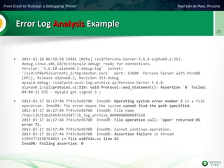 From Crash to Testcase: a Debugging Primer Roel Van de Paar, Percona
20
Error LogError Log AnalysisAnalysis ExampleExample
● 2013-03-10 06:58:50 19481 [Note] /ssd/Percona-Server-5.6.8-alpha60.2-313-
debug.Linux.x86_64/bin/mysqld-debug: ready for connections.
Version: '5.6.10-alpha60.2-debug-log' socket:
'/ssd/198649/current1_6/tmp/master.sock' port: 13100 Percona Server with XtraDB
(GPL), Release alpha60.2, Revision 313-debug
mysqld-debug: /ssd/ps56-univ-log-archive-qa/Percona-Server-5.6.8-
alpha60.2/sql/protocol.cc:518: void Protocol::end_statement(): Assertion `0' failed.
04:00:32 UTC - mysqld got signal 6 ;
● 2013-03-17 16:17:44 7f45c9e96700 InnoDB: Operating system error number 2 in a file
operation. InnoDB: The error means the system cannot find the path specified.
2013-03-17 16:17:44 7f45c9e96700 InnoDB: File name
/tmp/1363526254145352487/ib_log_archive_0000000000045568
2013-03-17 16:17:44 7f45c9e96700 InnoDB: File operation call: 'open' returned OS
error 71.
2013-03-17 16:17:44 7f45c9e96700 InnoDB: Cannot continue operation.
2013-03-17 16:17:44 7f45c9e96700 InnoDB: Assertion failure in thread
13993771698764813 in file os0file.cc line 62
InnoDB: Failing assertion: 0
 