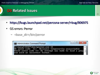 From Crash to Testcase: a Debugging Primer Roel Van de Paar, Percona
25
OSOS Related IssuesRelated Issues
●
https://bugs.launchpad.net/percona-server/+bug/806975https://bugs.launchpad.net/percona-server/+bug/806975
●
OS errors: PerrorOS errors: Perror
– <base_dir>/bin/perror
 