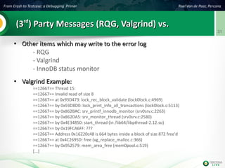 From Crash to Testcase: a Debugging Primer Roel Van de Paar, Percona
31
(3(3rdrd
) Party Messages (RQG, Valgrind) vs.) Party Messages (RQG, Valgrind) vs.
●
Other items which may write to the error logOther items which may write to the error log
- RQG
- Valgrind
- InnoDB status monitor
●
Valgrind Example:Valgrind Example:
==12667== Thread 15:
==12667== Invalid read of size 8
==12667== at 0x93D473: lock_rec_block_validate (lock0lock.c:4969)
==12667== by 0x93D8D0: lock_print_info_all_transactions (lock0lock.c:5113)
==12667== by 0x862BAC: srv_printf_innodb_monitor (srv0srv.c:2263)
==12667== by 0x862DA5: srv_monitor_thread (srv0srv.c:2580)
==12667== by 0x4E34850: start_thread (in /lib64/libpthread-2.12.so)
==12667== by 0x19FCA6FF: ???
==12667== Address 0x16220c48 is 664 bytes inside a block of size 872 free'd
==12667== at 0x4C2695D: free (vg_replace_malloc.c:366)
==12667== by 0x952579: mem_area_free (mem0pool.c:519)
[...]
 