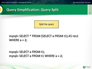 From Crash to Testcase: a Debugging Primer Roel Van de Paar, Percona
44
Query Simplification: Query SplitQuery Simplification: Query Split
mysql> SELECT * FROM (SELECT a FROM t1) AS res1mysql> SELECT * FROM (SELECT a FROM t1) AS res1
WHERE a > 2;WHERE a > 2;
mysql> SELECT a FROM t1;mysql> SELECT a FROM t1;
mysql> SELECT a FROM t1 WHERE a > 2;mysql> SELECT a FROM t1 WHERE a > 2;
 