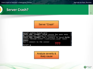 From Crash to Testcase: a Debugging Primer Roel Van de Paar, Percona
9
Server Crash?Server Crash?
 