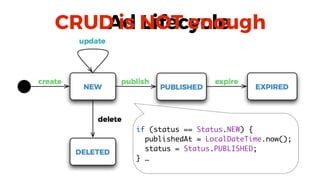 CRUD is NOT enough
if (status == Status.NEW) {
publishedAt = LocalDateTime.now();
status = Status.PUBLISHED;
} …
 