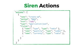 "actions": [
{
"name": "create-ad",
"method": "POST",
"href": "/ads",
"type": "application/json",
"fields": [
{ "name": "type", "type": "radio" },
{ "name": "quantity", "type": "number" },
{ "name": "currency", "type": "radio" },
…
]
}
]
Siren Actions
 