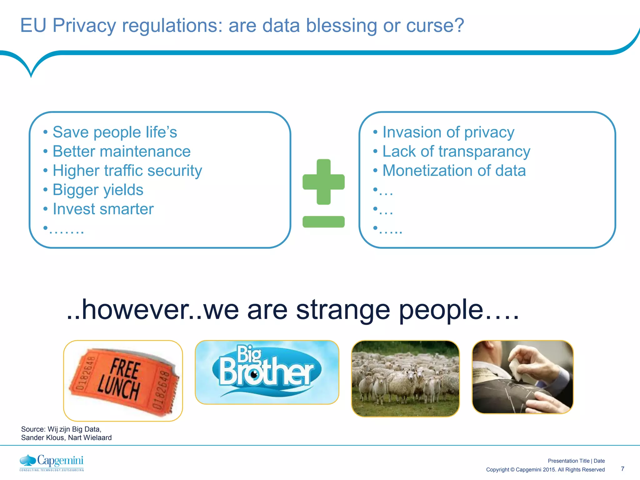 7Copyright © Capgemini 2015. All Rights Reserved
Presentation Title | Date
• Save people life’s
• Better maintenance
• Higher traffic security
• Bigger yields
• Invest smarter
•…….
• Invasion of privacy
• Lack of transparancy
• Monetization of data
•…
•…
•…..
..however..we are strange people….
EU Privacy regulations: are data blessing or curse?
Source: Wij zijn Big Data,
Sander Klous, Nart Wielaard
 